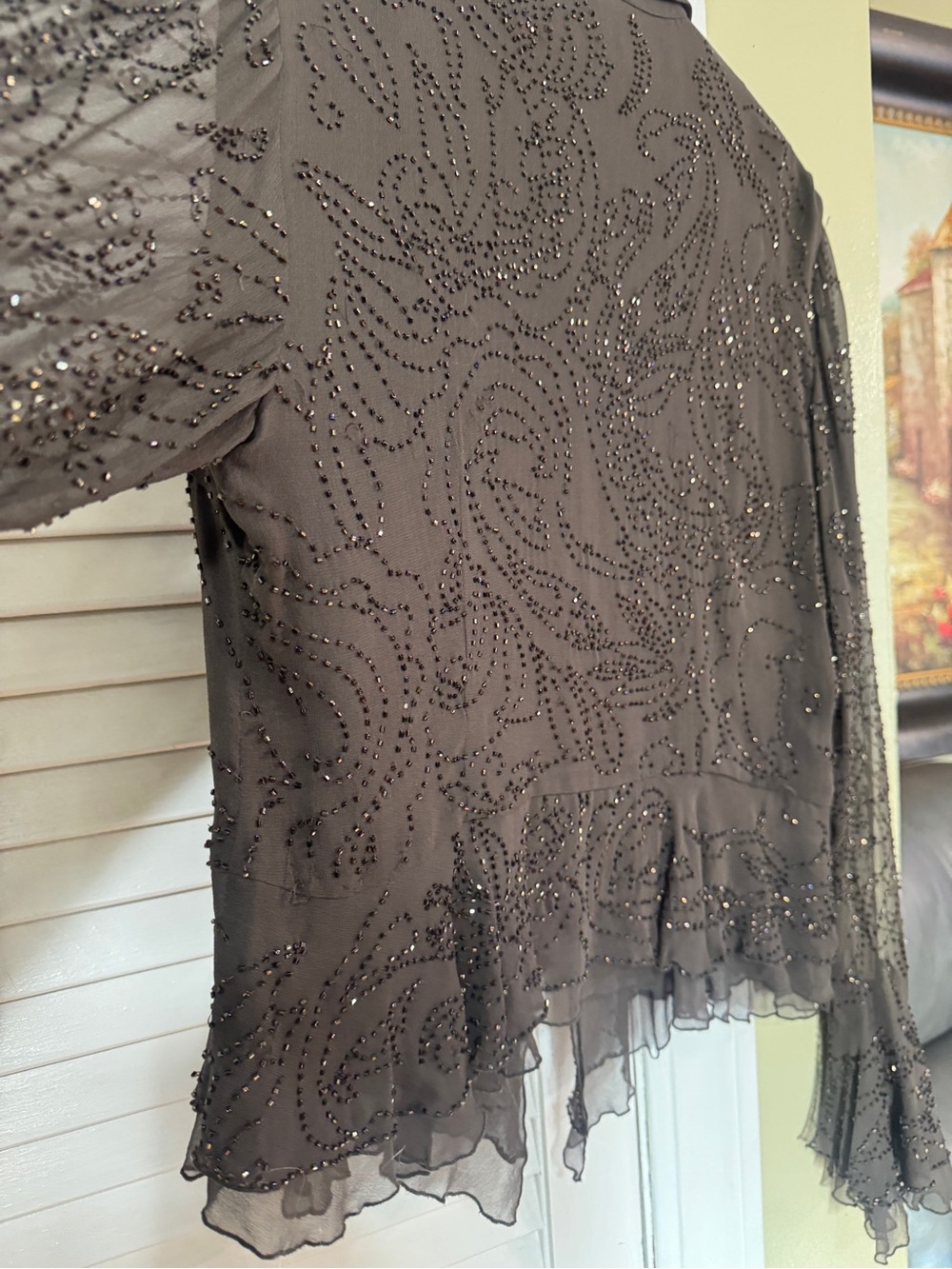 Women's Black Beaded Ruffle Front Button-Down Blouse - Picture 5 of 8